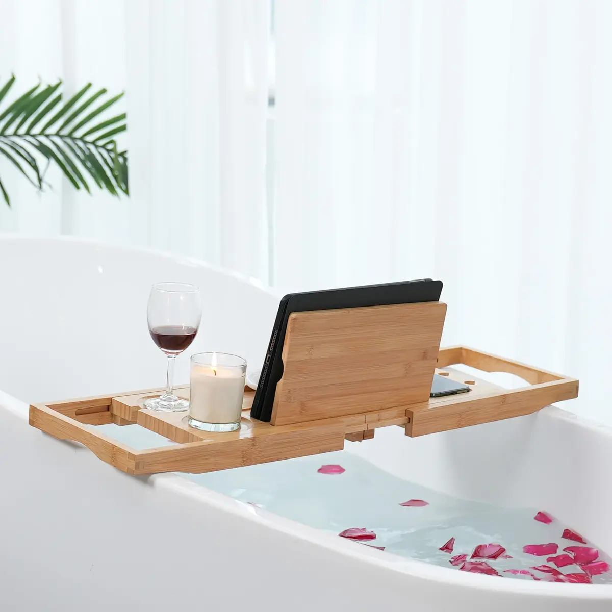 Utoplike Bamboo Bathtub Caddy Tray for Tub, Expandable Bath Table Trays | Adjustable, Durable Bamboo - view 6