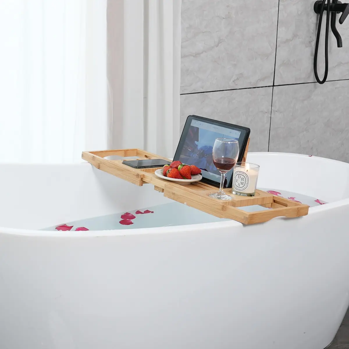 Utoplike Bamboo Bathtub Caddy Tray for Tub, Expandable Bath Table Trays | Adjustable, Durable Bamboo - view 8