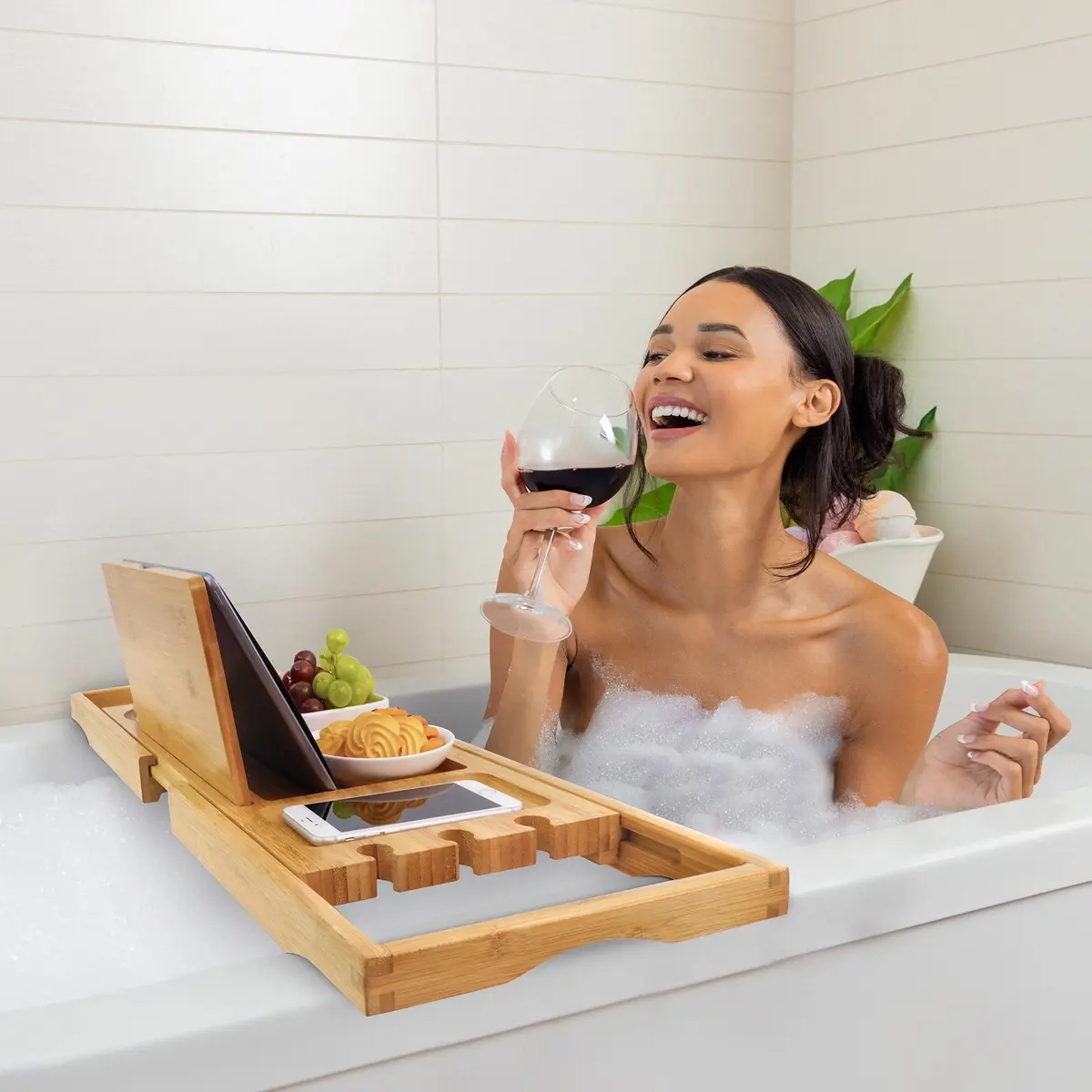 Utoplike Bamboo Bathtub Caddy Tray for Tub, Expandable Bath Table Trays | Adjustable, Durable Bamboo - view 2