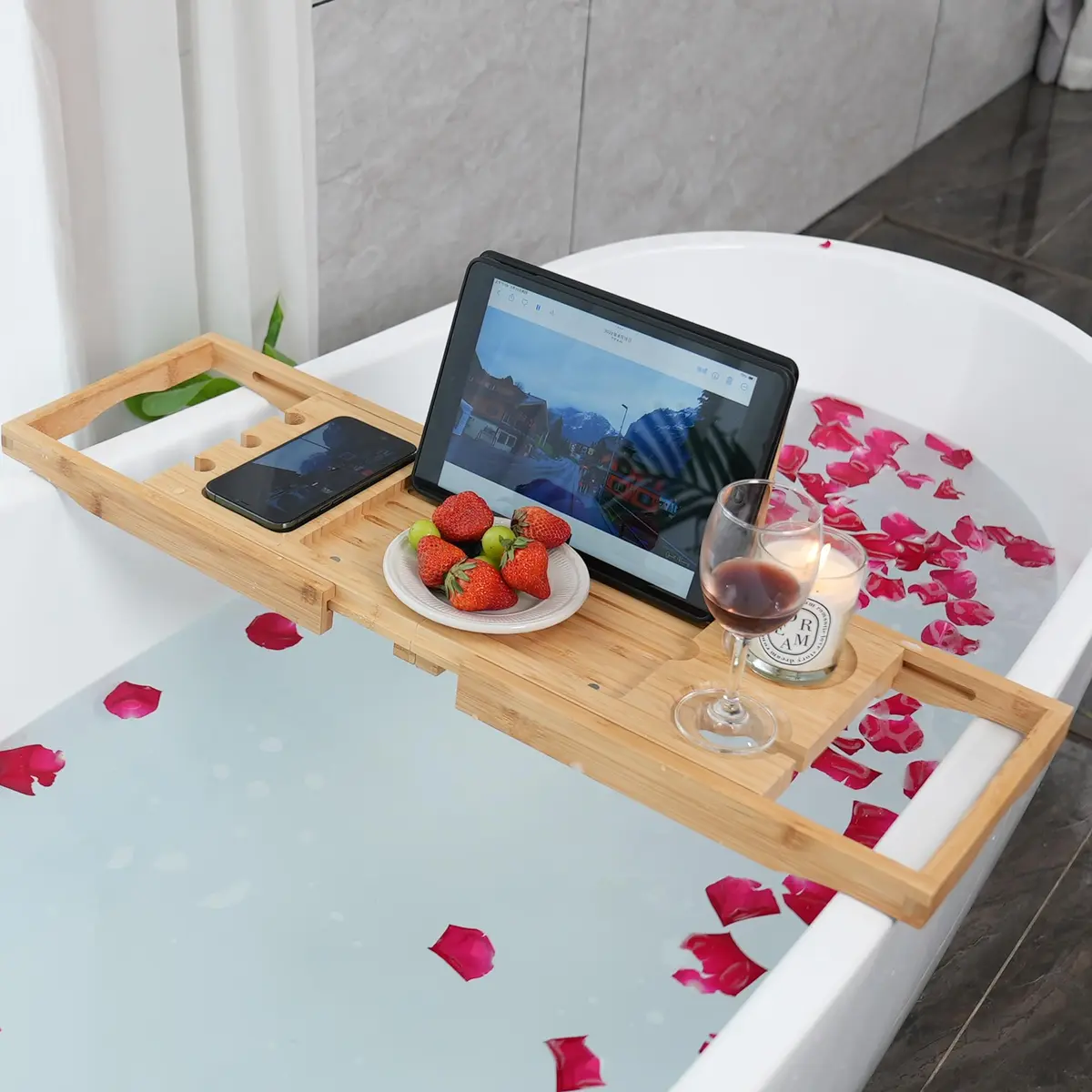 Utoplike Bamboo Bathtub Caddy Tray for Tub, Expandable Bath Table Trays | Adjustable, Durable Bamboo - view 3