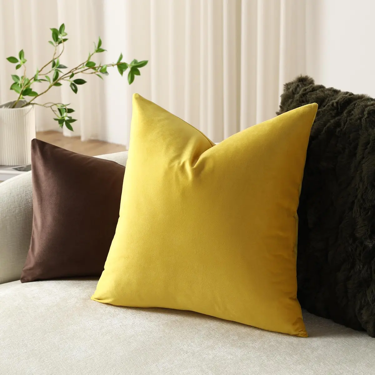 DEZENE 16x16 Throw Pillow Covers Pack of 2 | Velvet Square Modern Home Decor - view 4