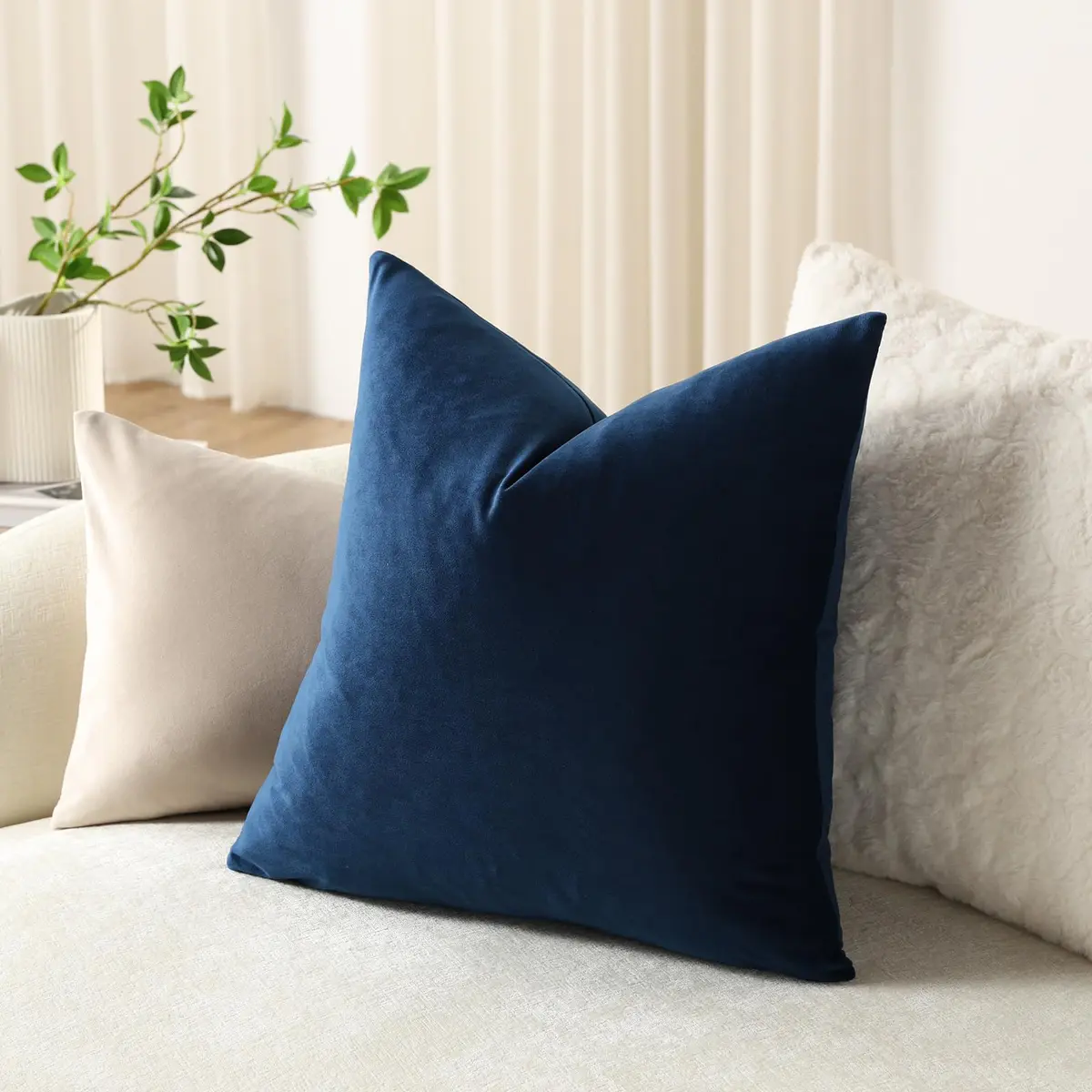 DEZENE 16x16 Midnight Blue Velvet Throw Pillow Covers Pack of 2 | Modern Luxury Home Decor - view 4