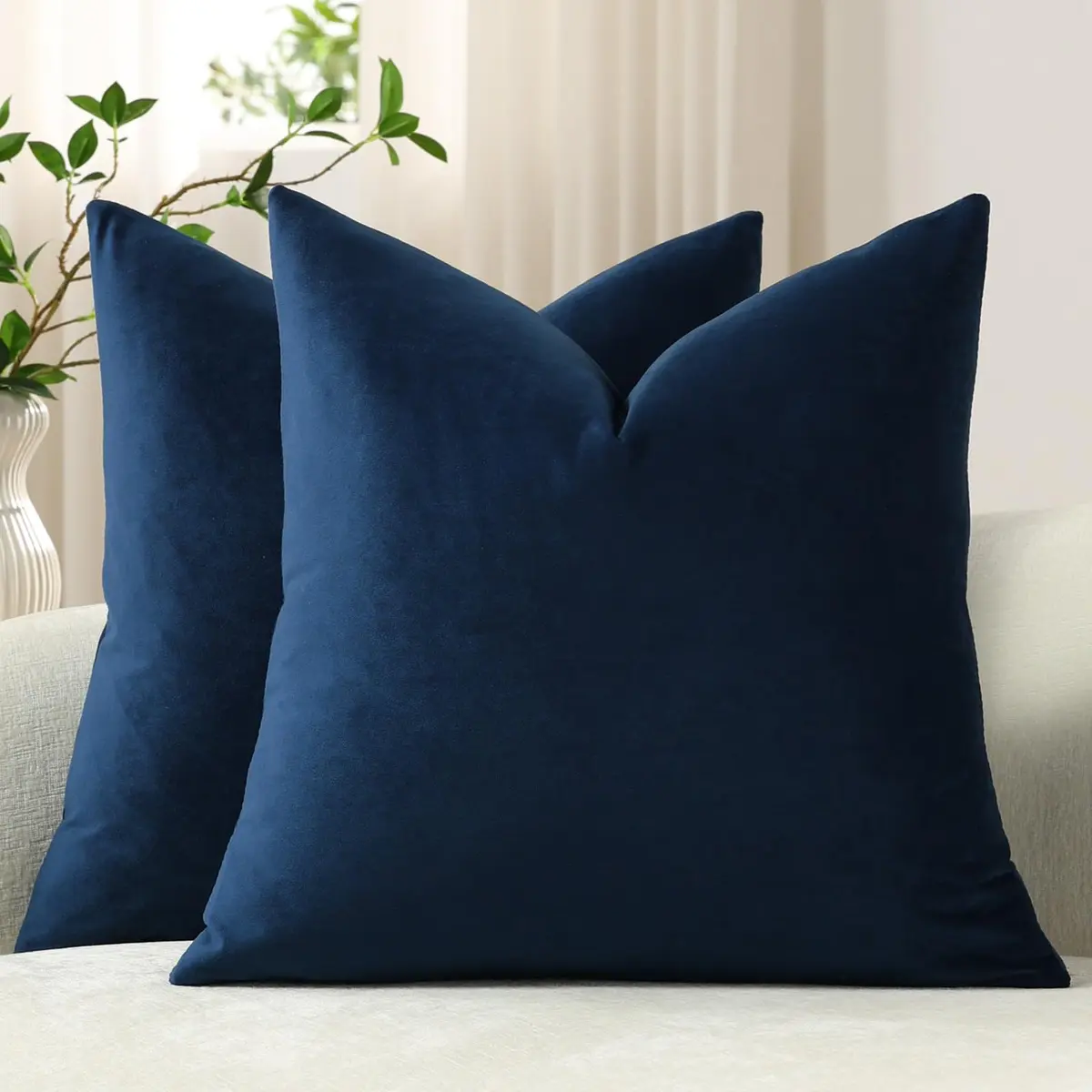 DEZENE 16x16 Midnight Blue Velvet Throw Pillow Covers Pack of 2 | Modern Luxury Home Decor - main product image