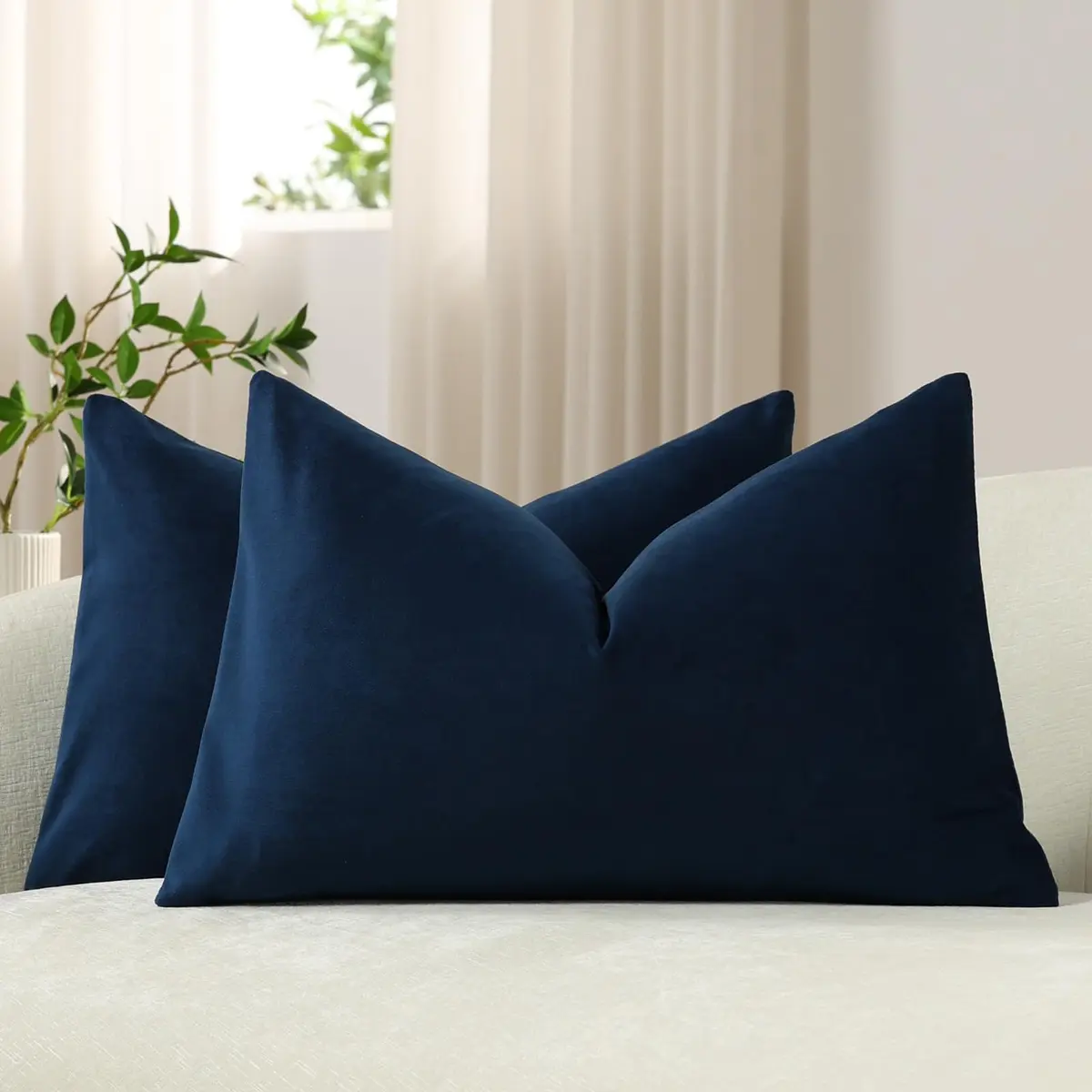 DEZENE Lumbar Pillow Covers 12x20 in Midnight Blue | Velvet Rectangular Decor for Sofa & Bed - main product image