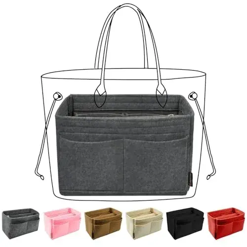 OMYSTYLE Grey X-Large Felt Tote Bag Organizer Insert with 13 Pockets | 24.4cm x 12.9cm x 15cm - main product image