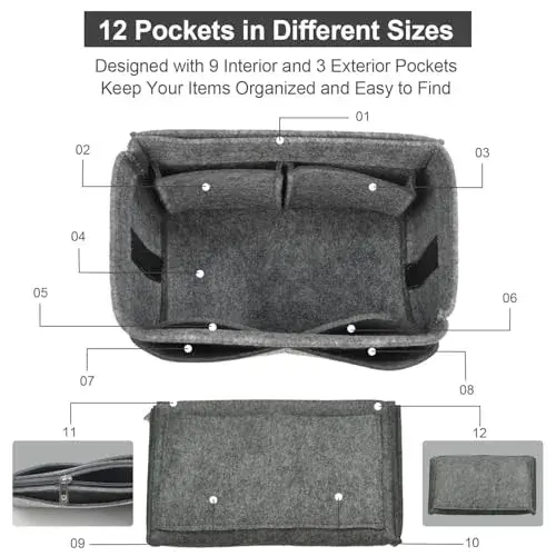 OMYSTYLE Grey X-Large Felt Tote Bag Organizer Insert with 13 Pockets | 24.4cm x 12.9cm x 15cm - view 3