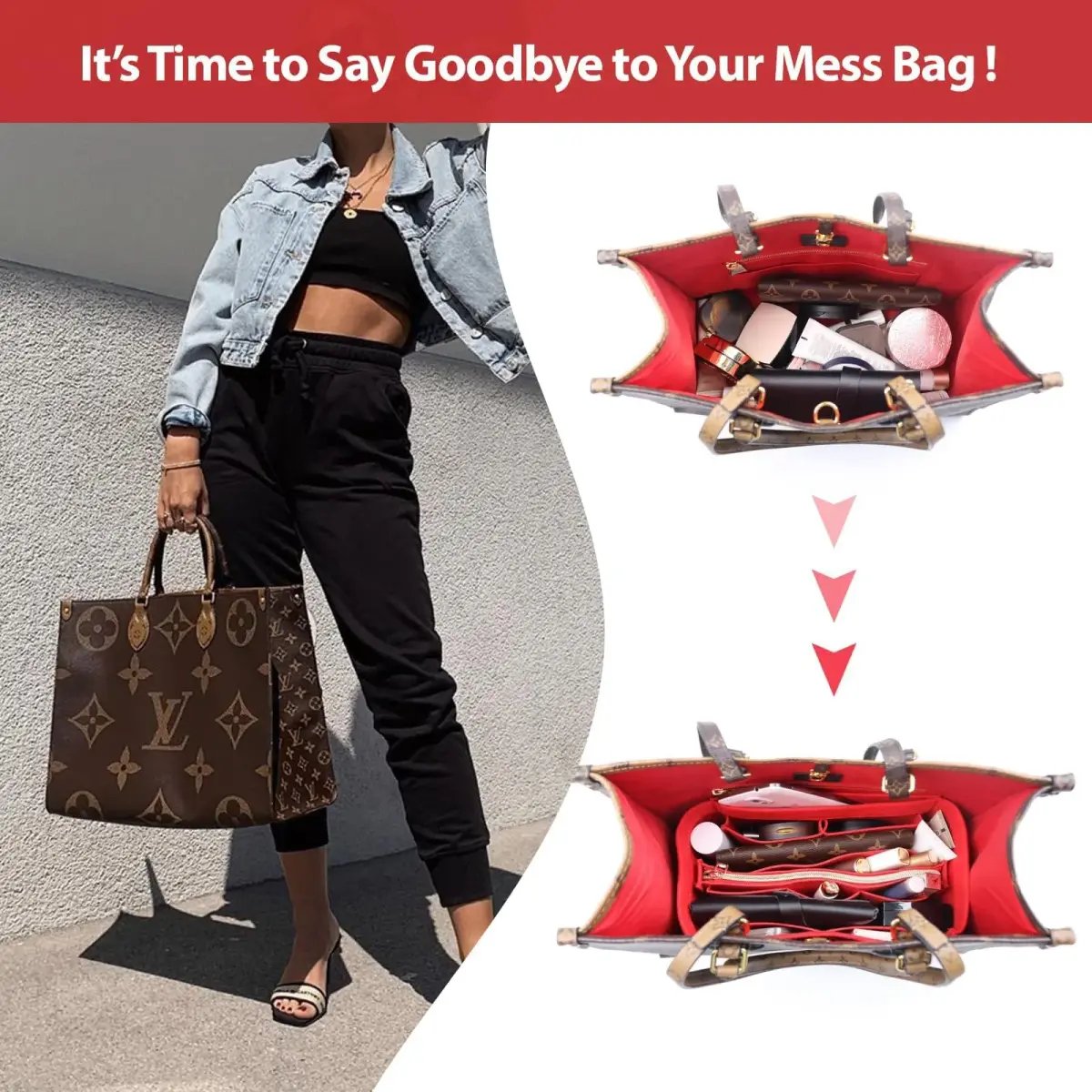 OMYSTYLE Red Medium Felt Tote Bag Organizer Insert with 13 Pockets | 24.4cm x 12.9cm x 15cm - view 3