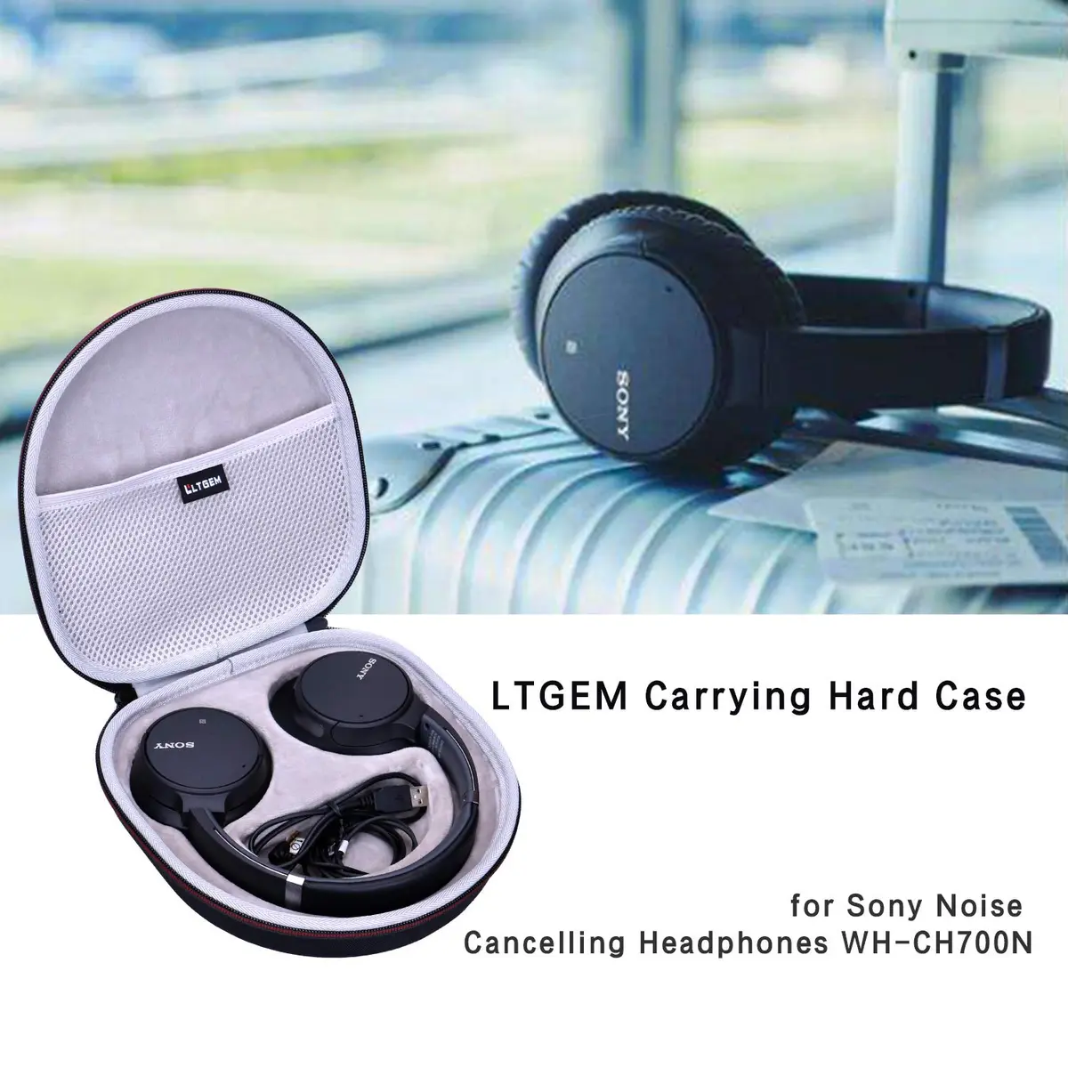 L LTGEM Case for Sony WH-CH720N/WH-CH520 Noise Canceling Wireless Headphones Gray | Hard Travel Cover 9"L - view 2