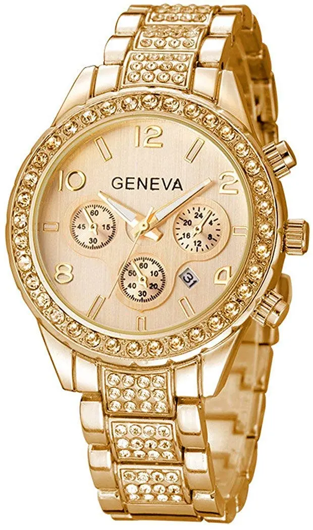 FANMIS Unisex Luxury Pave Floating Crystal Diamonds Calendar Quartz Watch 38mm Rose Gold | Elegant Stainless Steel Bracelet - main product image
