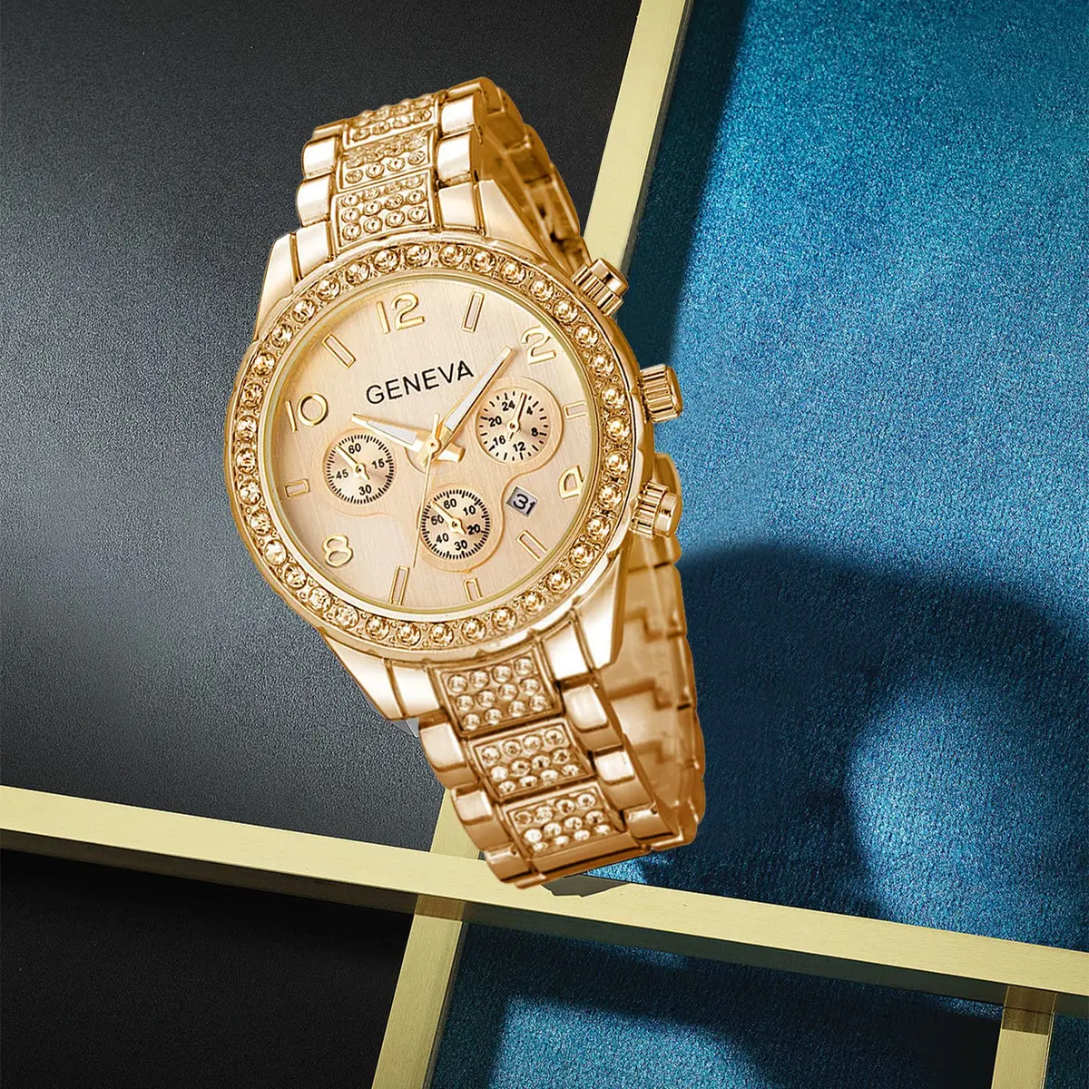 FANMIS Unisex Luxury Pave Floating Crystal Diamonds Calendar Quartz Watch 38mm Rose Gold | Elegant Stainless Steel Bracelet - view 9
