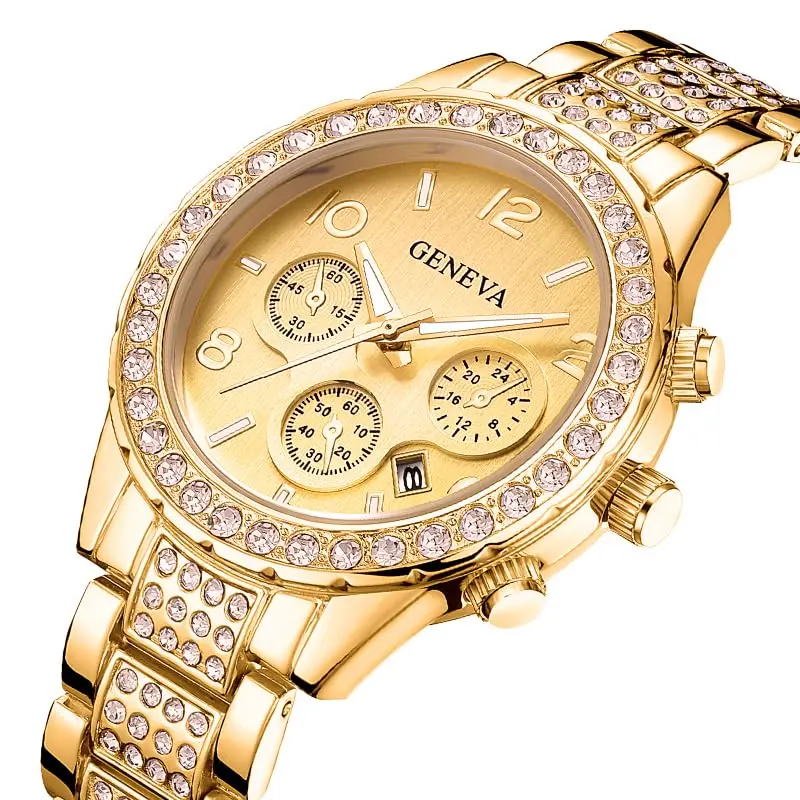 FANMIS Unisex Luxury Pave Floating Crystal Diamonds Calendar Quartz Watch 38mm Rose Gold | Elegant Stainless Steel Bracelet - view 3