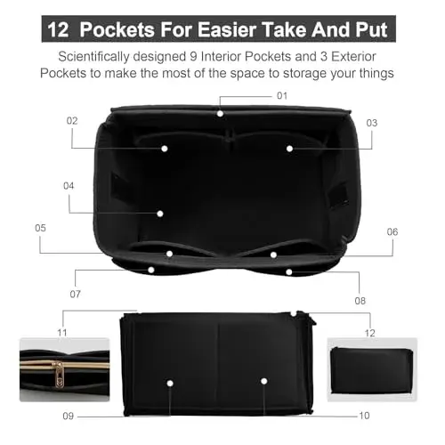 OMYSTYLE Black Large Felt Tote Bag Organizer Insert with 13 Pockets | 30cm x 16cm x 16cm - view 3