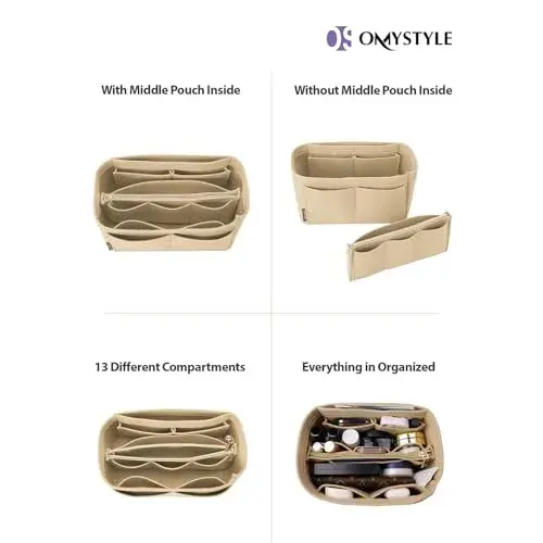 OMYSTYLE Beige Large Felt Tote Bag Organizer Insert with 13 Pockets | 30cm x 16cm x 17cm - view 4