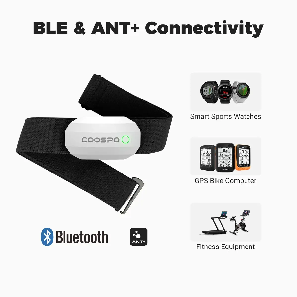 CooSpo H808S Heart Rate Monitor Chest Strap | ANT+ BLE HR Monitor, IP67 Waterproof, 300H Battery Life - view 3