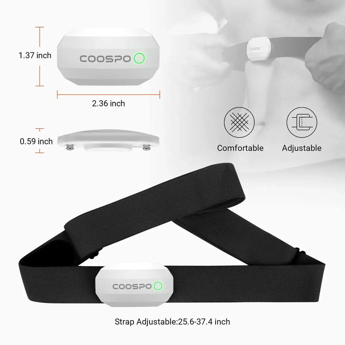 CooSpo H808S Heart Rate Monitor Chest Strap | ANT+ BLE HR Monitor, IP67 Waterproof, 300H Battery Life - view 4