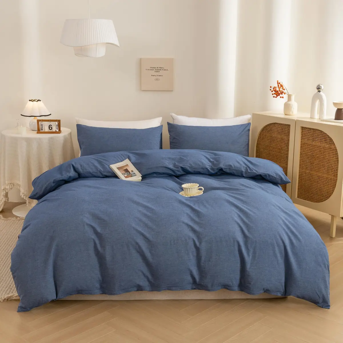 ECOCOTT Cotton Duvet Cover Set Linen Feel Denim Blue King Size | Extra Soft & Breathable - main product image