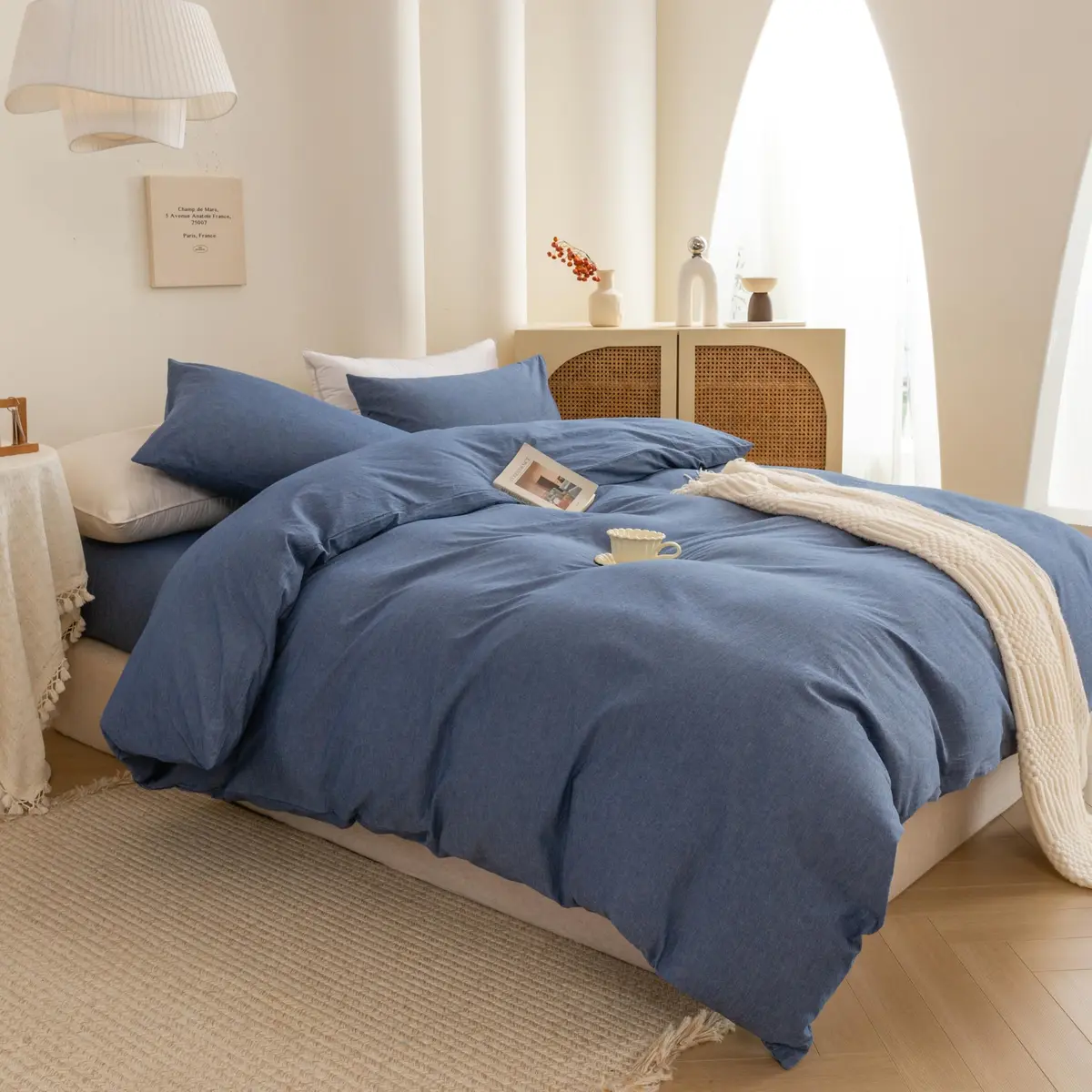 ECOCOTT Cotton Duvet Cover Set Linen Feel Denim Blue King Size | Extra Soft & Breathable - view 5
