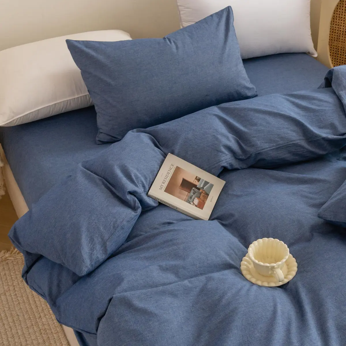 ECOCOTT Cotton Duvet Cover Set Linen Feel Denim Blue King Size | Extra Soft & Breathable - view 6
