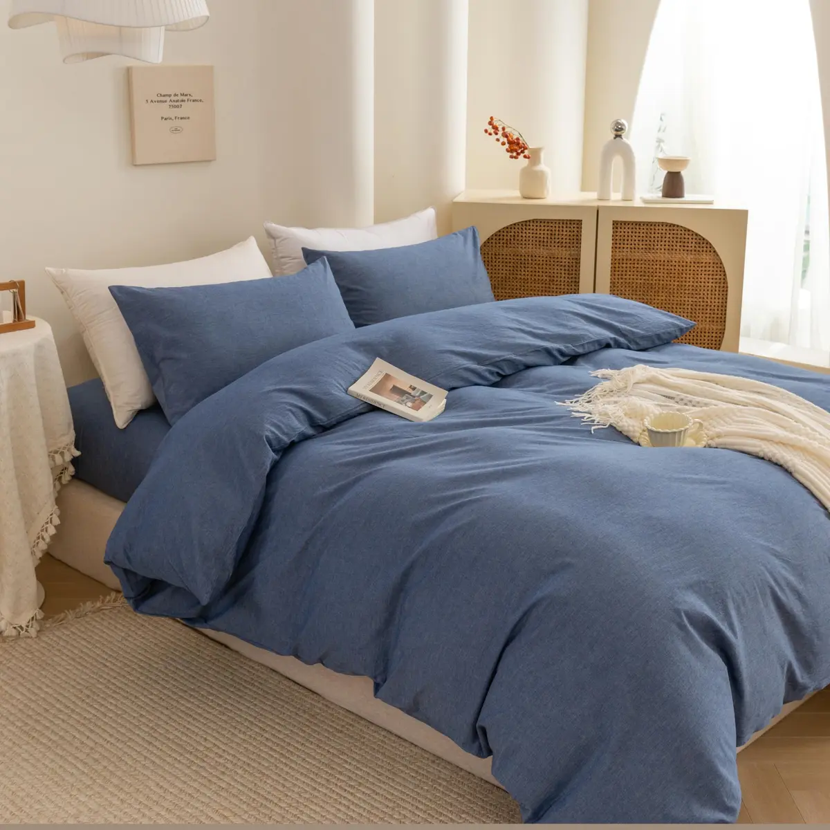 ECOCOTT Cotton Duvet Cover Set Linen Feel Denim Blue King Size | Extra Soft & Breathable - view 7