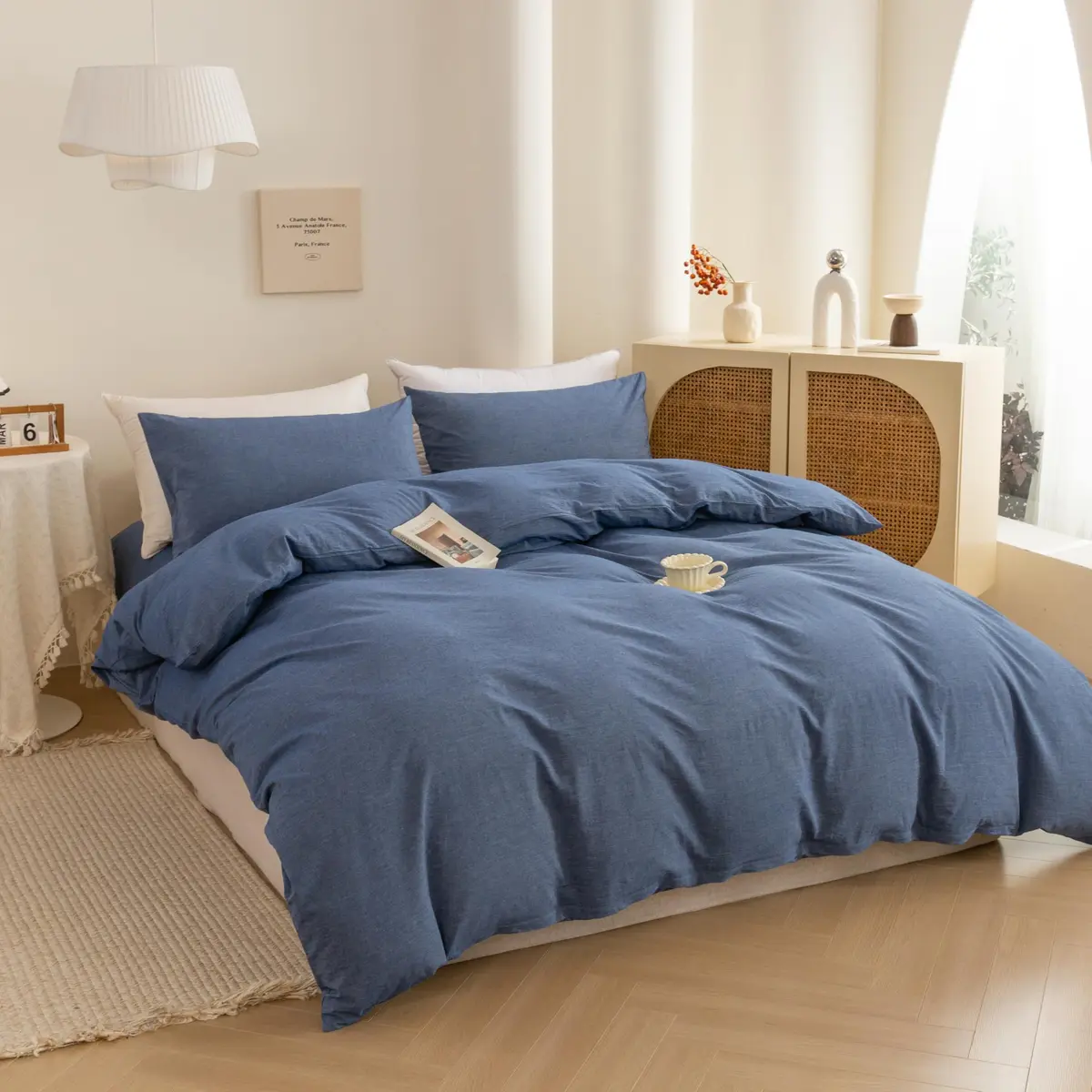 ECOCOTT Cotton Duvet Cover Set Linen Feel Denim Blue King Size | Extra Soft & Breathable - view 8