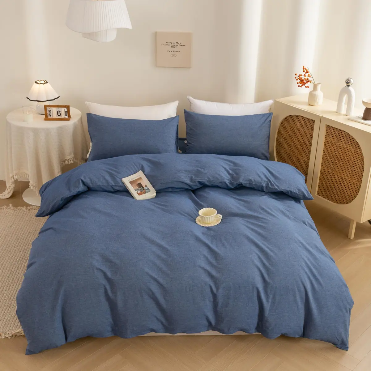 ECOCOTT Cotton Duvet Cover Set Linen Feel Denim Blue King Size | Extra Soft & Breathable - view 9