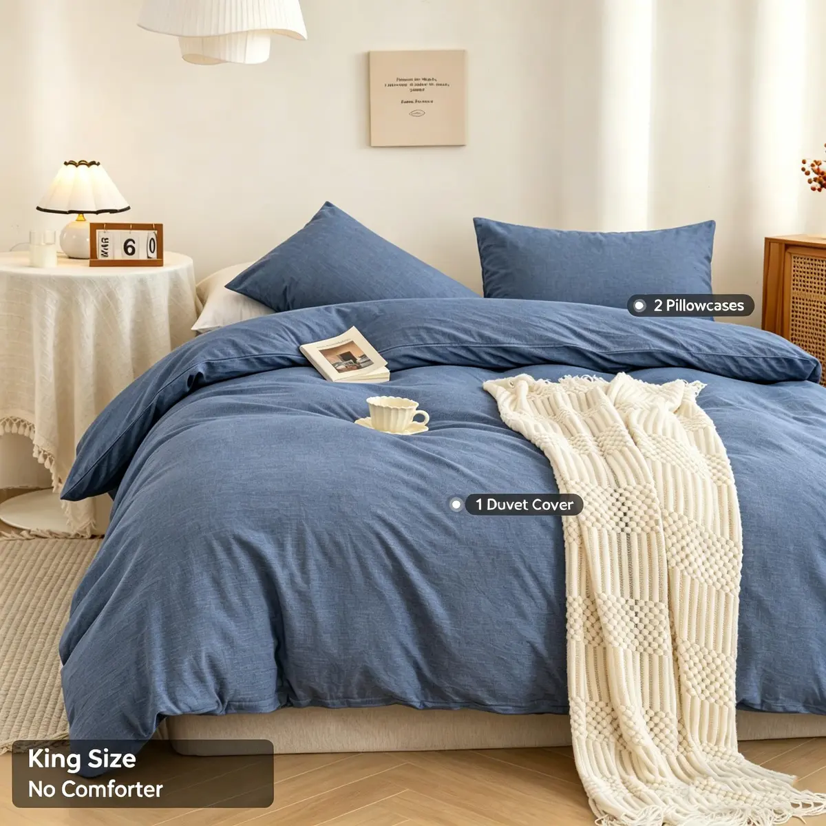 ECOCOTT Cotton Duvet Cover Set Linen Feel Denim Blue King Size | Extra Soft & Breathable - view 2
