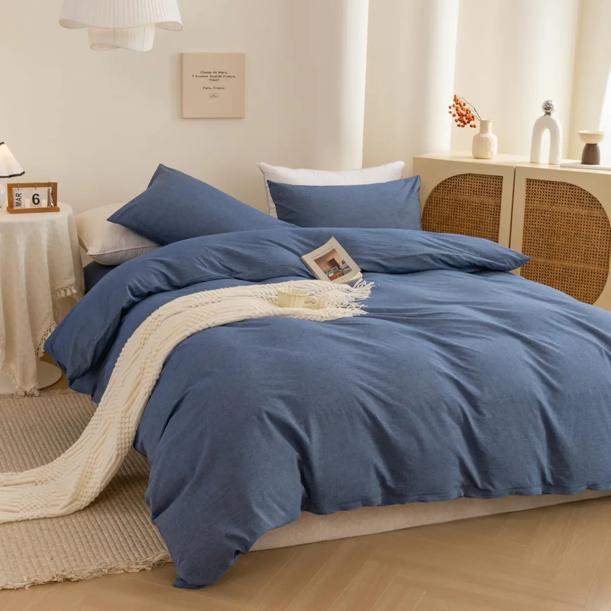 ECOCOTT Cotton Duvet Cover Set Linen Feel Denim Blue King Size | Extra Soft & Breathable - view 4