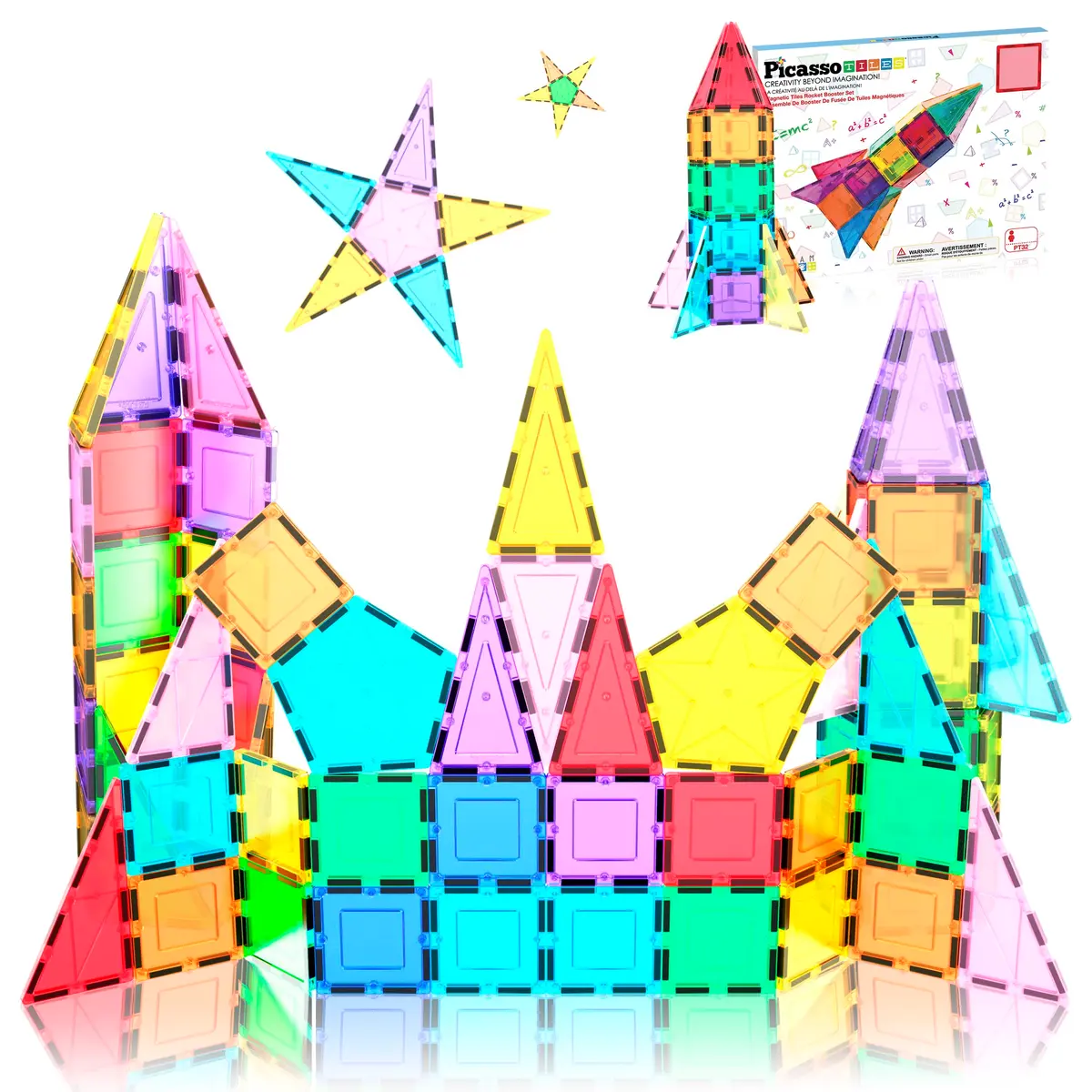 PicassoTiles Magnetic Building Block Rocket Booster Set 32 Pieces | STEM Educational Toy for Kids - main product image