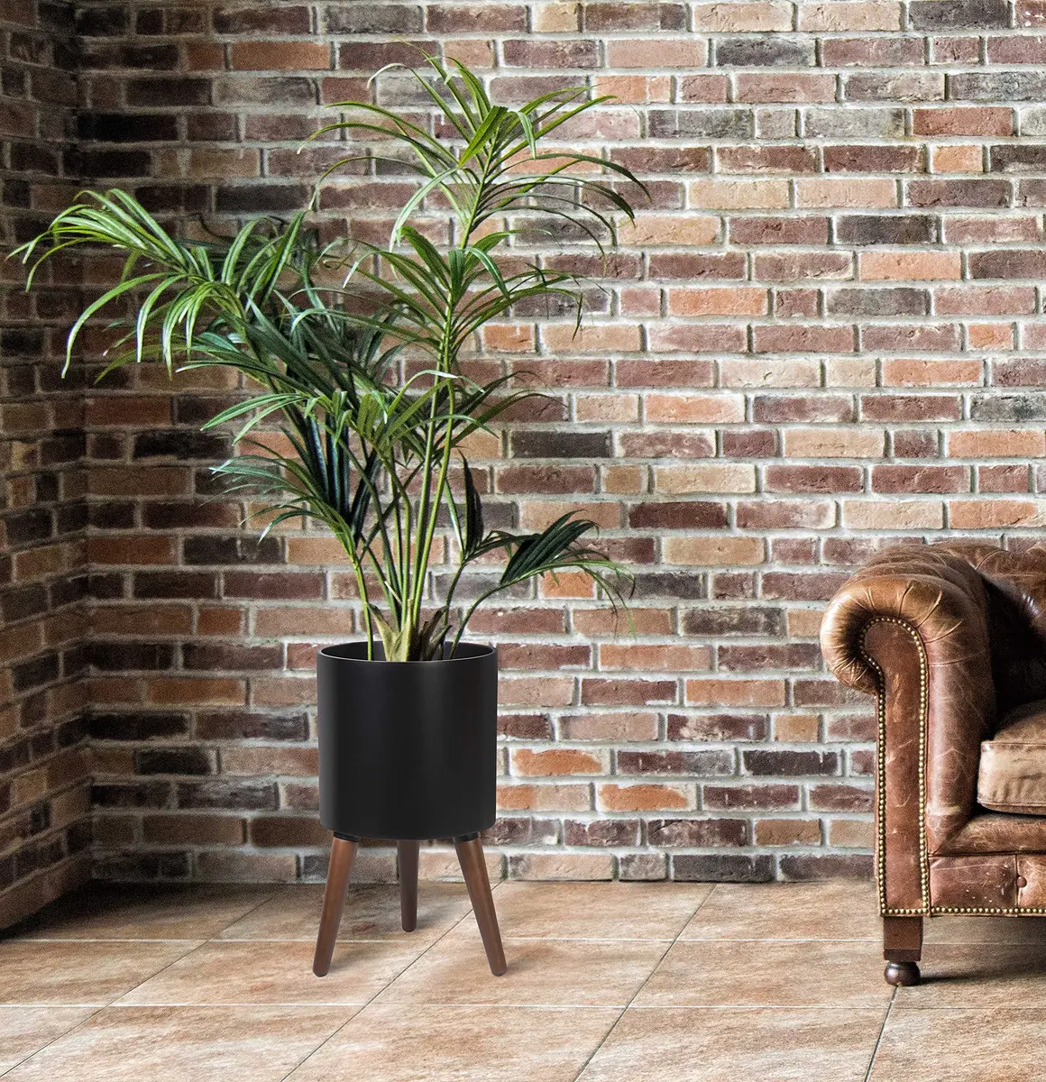 D'vine Dev 10 Inch Planter Pot with Wood Stand | Black, Mid-Century Modern, Indoor Garden - view 6