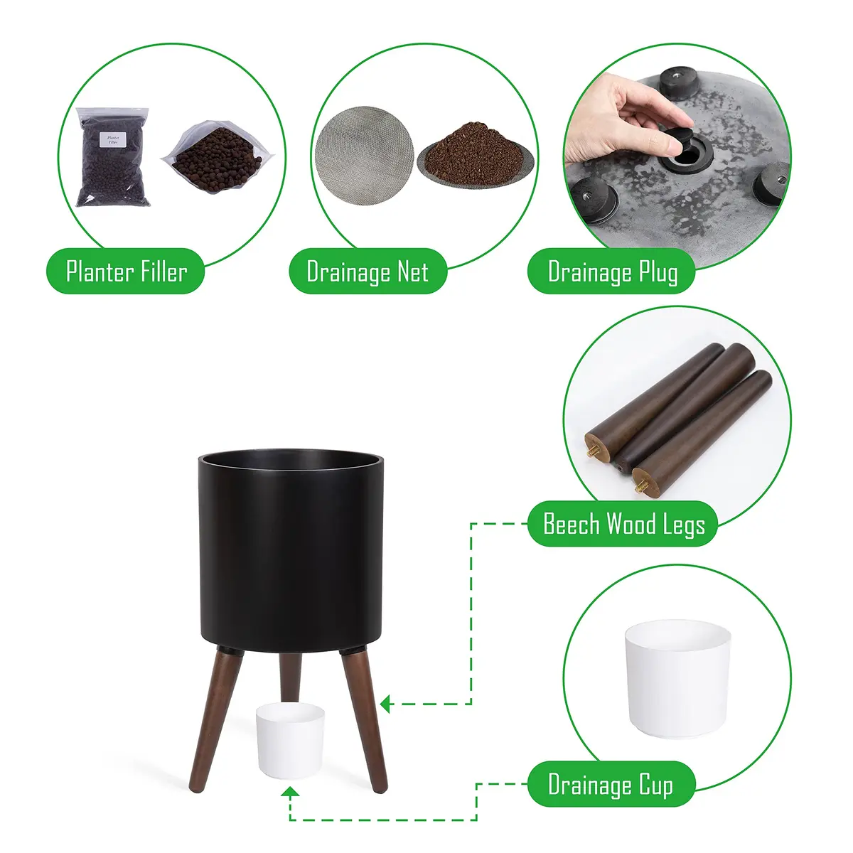 D'vine Dev 10 Inch Planter Pot with Wood Stand | Black, Mid-Century Modern, Indoor Garden - view 4