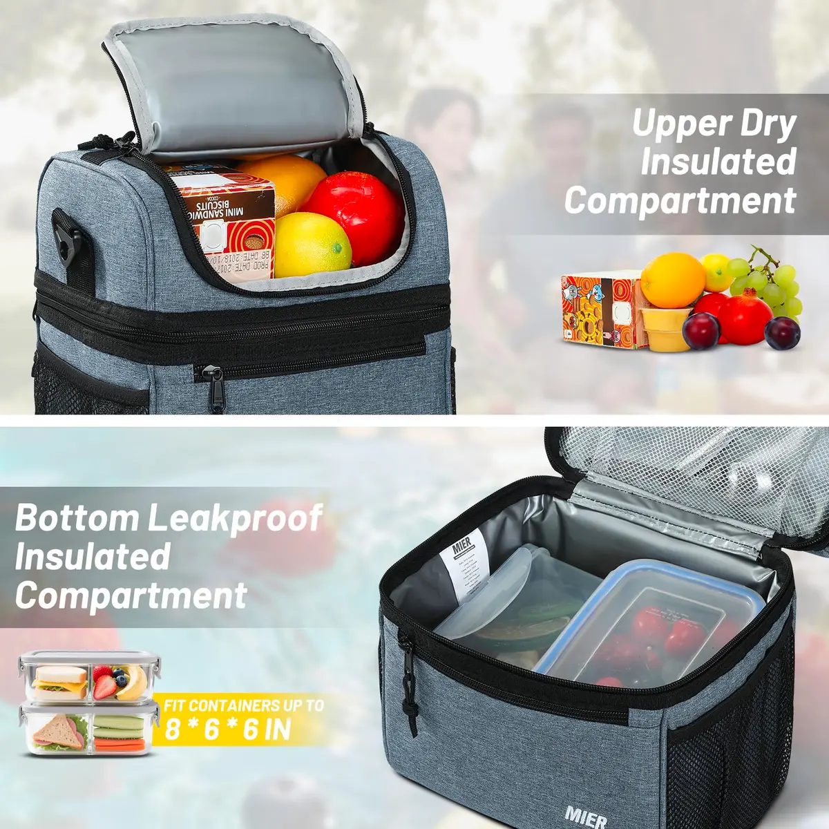 MIER Insulated Lunch Box Bag Dual Compartment 10L (0.35 cu ft) | Keeps Food Hot & Cold for Hours - view 4