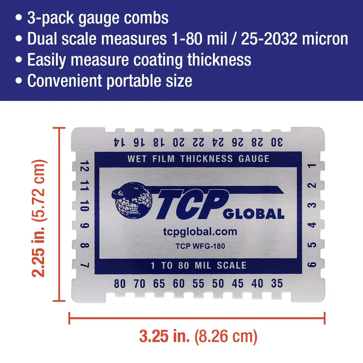 TCP Global Wet Film Thickness Gauge Comb, 1-80 Mil Scale, Pack of 3 | Measures Coating Thickness Accurately - view 2