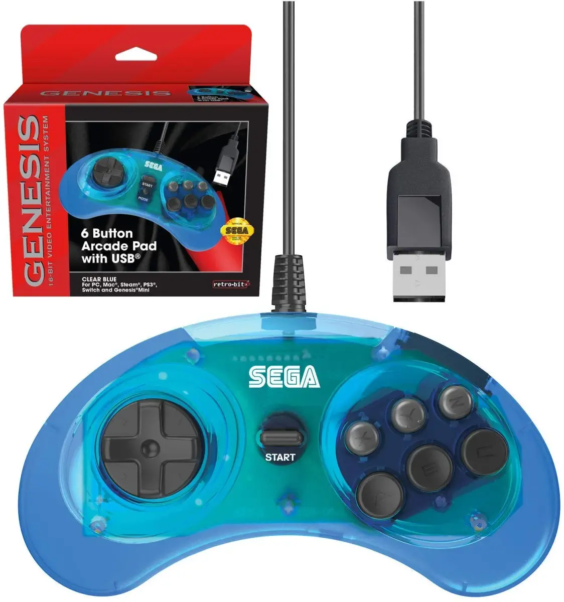 Retro-Bit Official Sega Genesis USB Controller 6-Button Arcade Pad for PC, Mac, Switch, PS3 | 290g (0.64lb) - main product image
