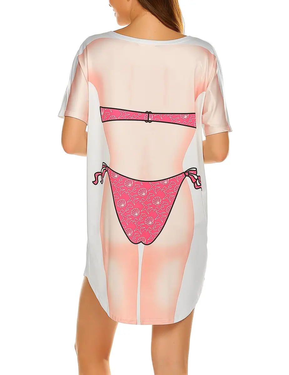 Ekouaer Womens Fun Wear Hot Pink Bikini Print Cover Up T-Shirt Above Knee | Soft, Breathable Summer Style - view 5