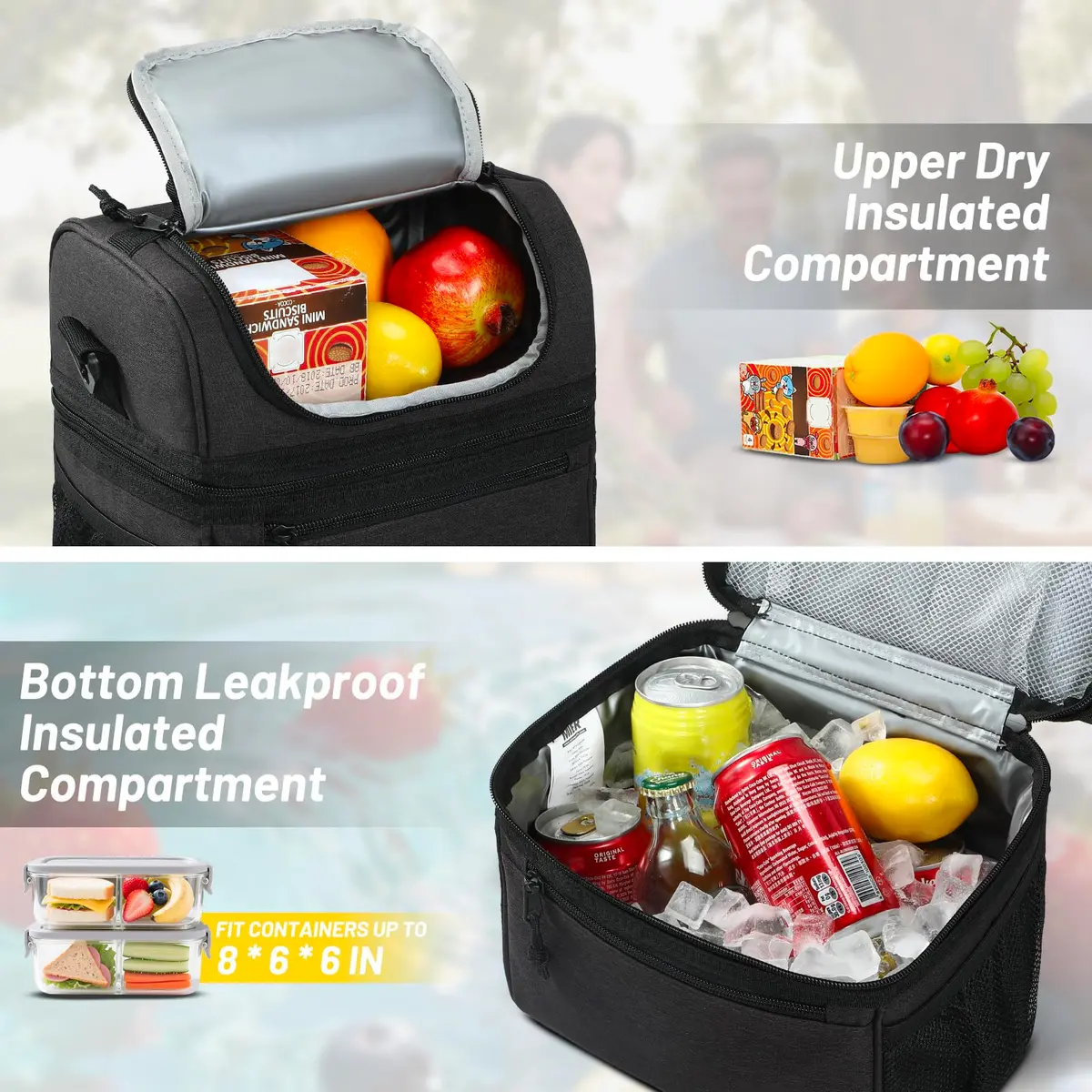MIER Insulated Lunch Box Bag Dual Compartment Dark Grey | Keeps Hot & Cold Foods Separate - view 5