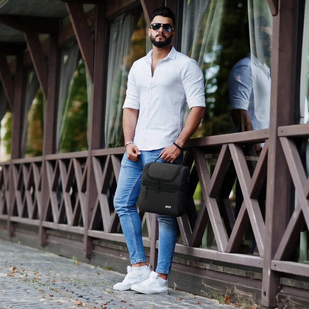 MIER Insulated Lunch Box Bag Dual Compartment Dark Grey | Keeps Hot & Cold Foods Separate - view 7