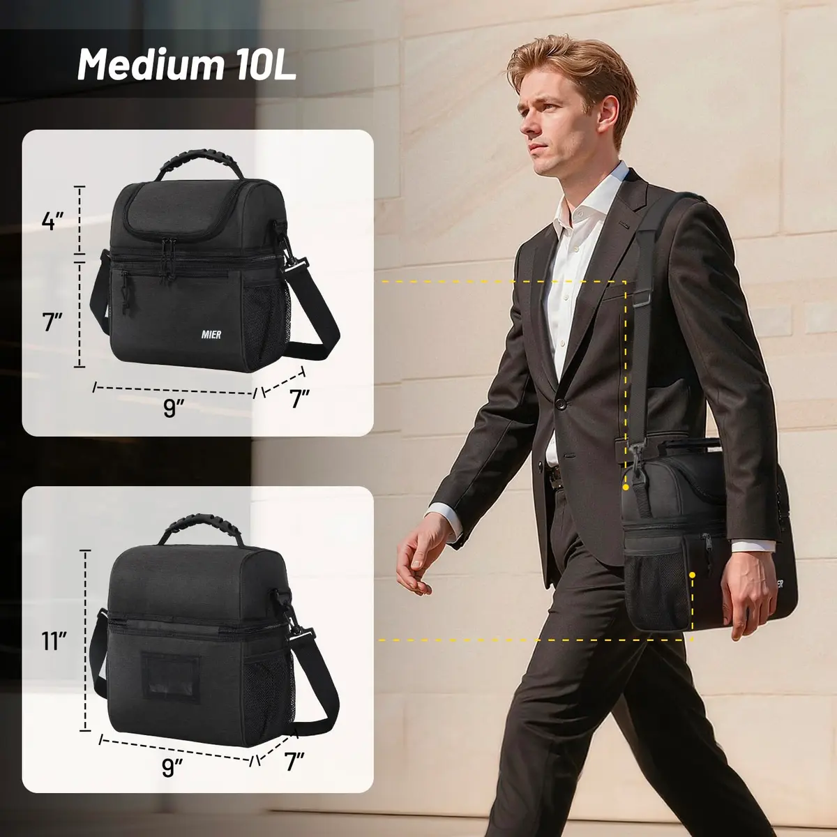 MIER Insulated Lunch Box Bag Dual Compartment Dark Grey | Keeps Hot & Cold Foods Separate - view 2