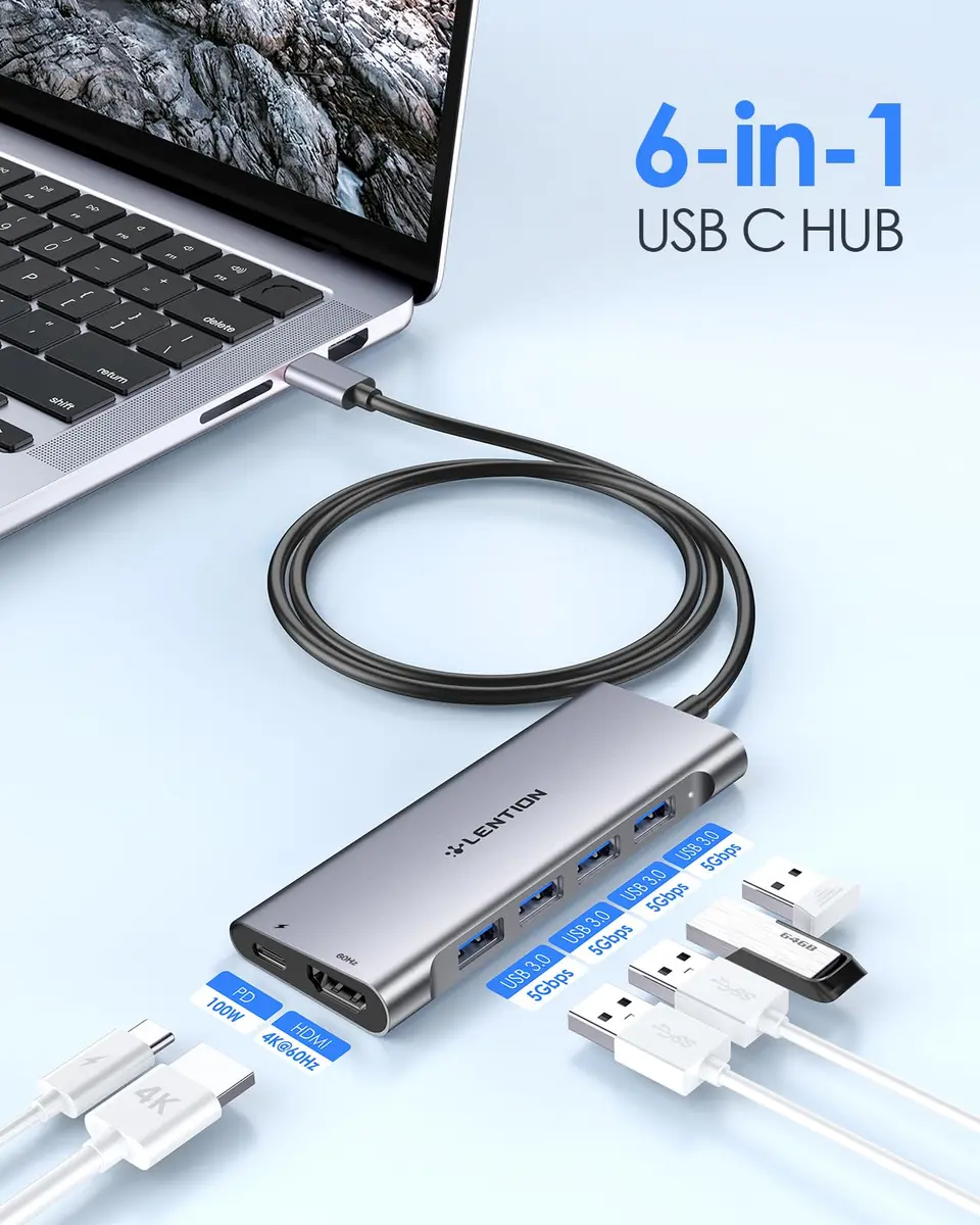 LENTION USB C Hub 4K HDMI 100W PD 4 USB 3.0 Ports | 3.3FT Long Cable, Space Gray - view 2