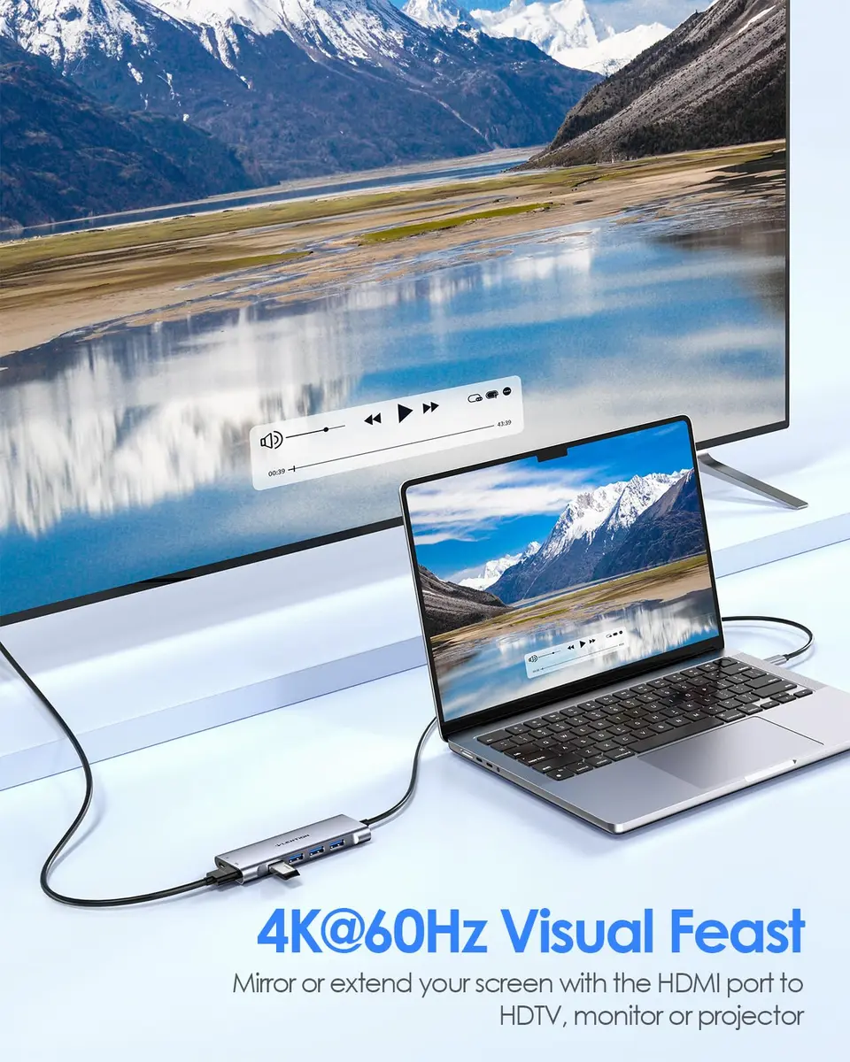 LENTION USB C Hub 4K HDMI 100W PD 4 USB 3.0 Ports | 3.3FT Long Cable, Space Gray - view 3
