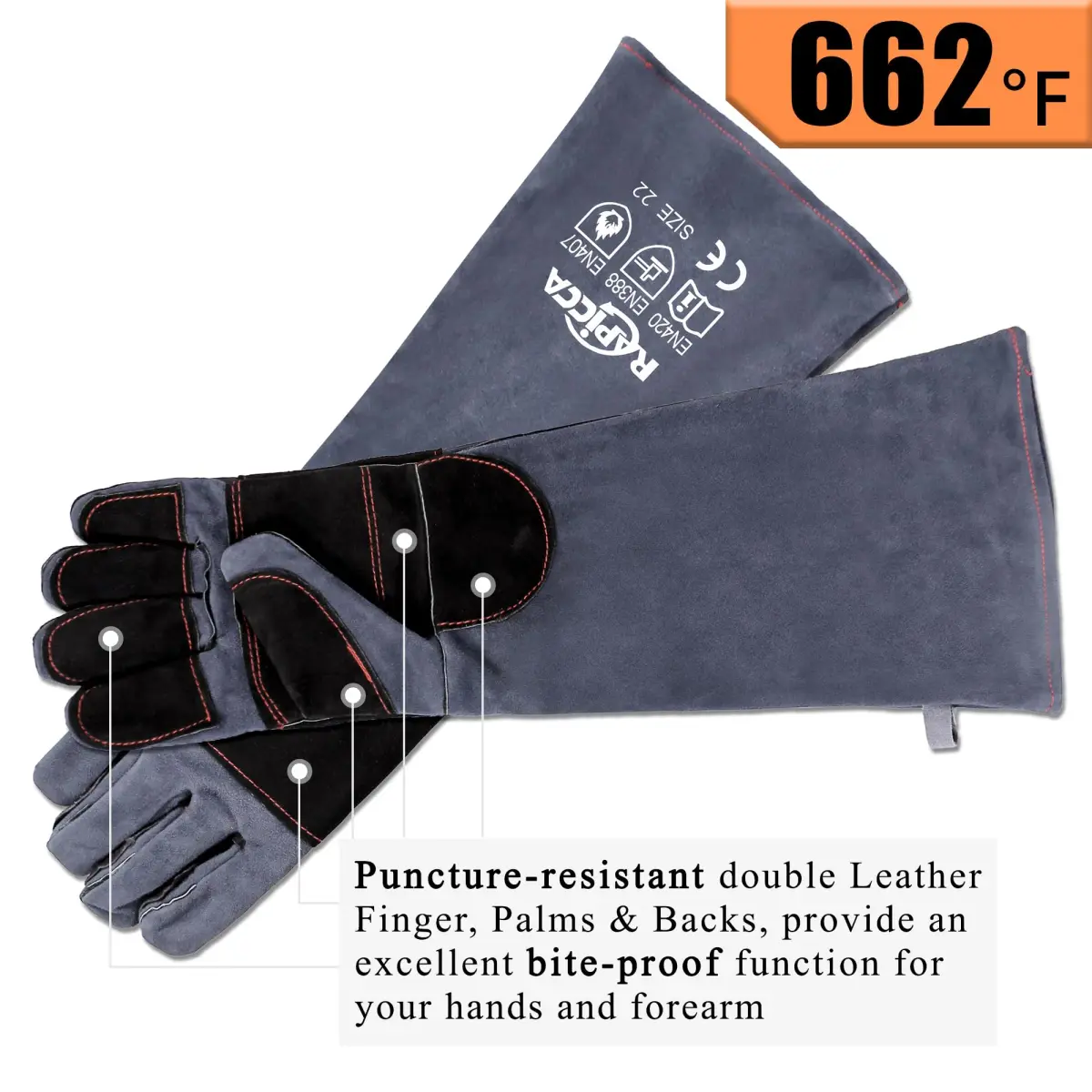 RAPICCA Animal Handling Gloves, Bite Proof Double Leather, 22 in (55.88 cm) | Professional Grade Protection for Vets & Handlers - view 6