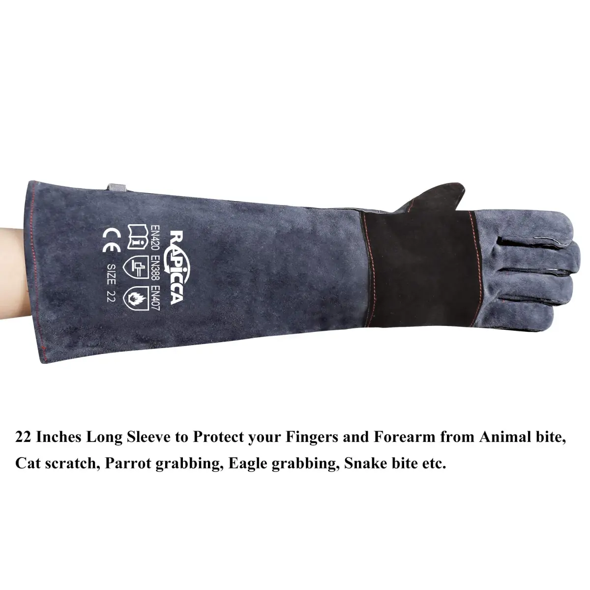 RAPICCA Animal Handling Gloves, Bite Proof Double Leather, 22 in (55.88 cm) | Professional Grade Protection for Vets & Handlers - view 7