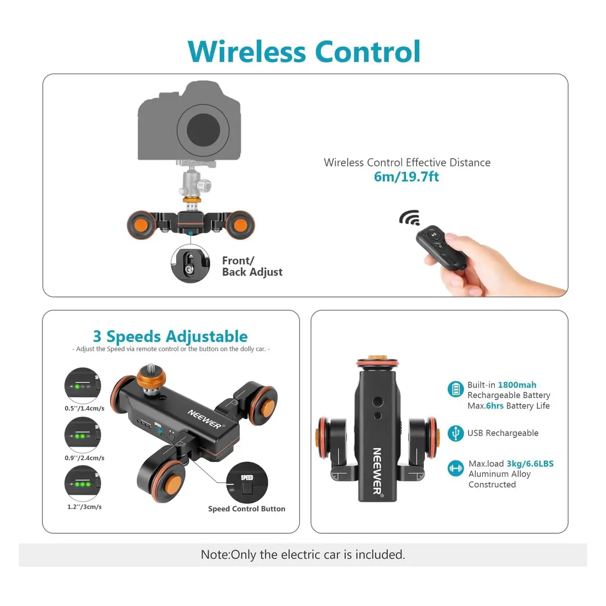 NEEWER 3 Wheels Wireless Video Camera Dolly, 3 Speed Motorized Slider | Remote Control & Adjustable Wheel - view 4