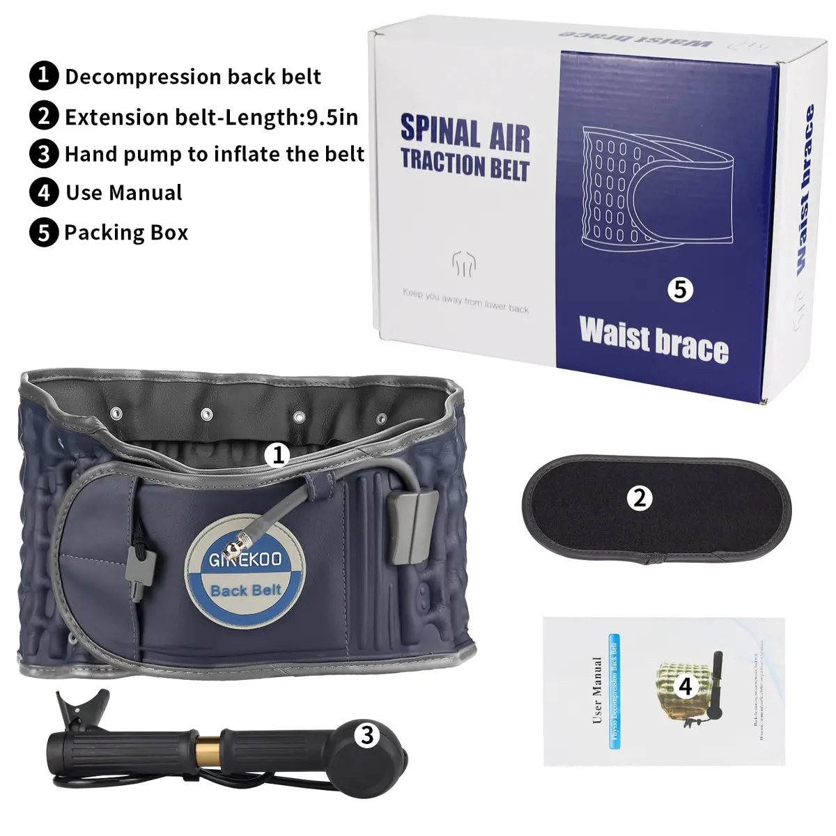 GINEKOO Inflatable Decompression Belt for Lower Back Pain Relief, Blue | Lumbar Support & Spinal Traction - view 7