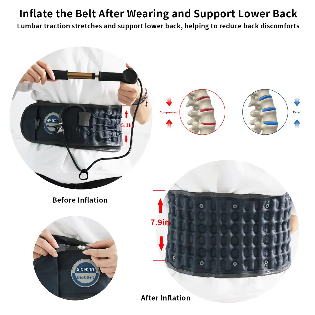 GINEKOO Inflatable Decompression Belt for Lower Back Pain Relief, Blue | Lumbar Support & Spinal Traction - view 2