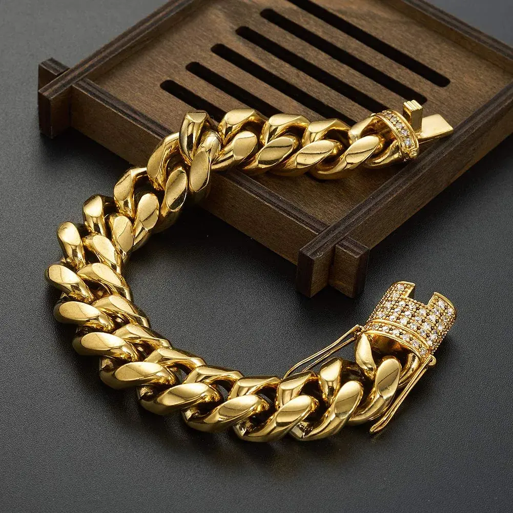 Jxlepe 15mm Cuban Link Bracelet 21.5 cm (8.5 inch) | Premium 18K Gold Plated Stainless Steel with CZ Clasp - view 2