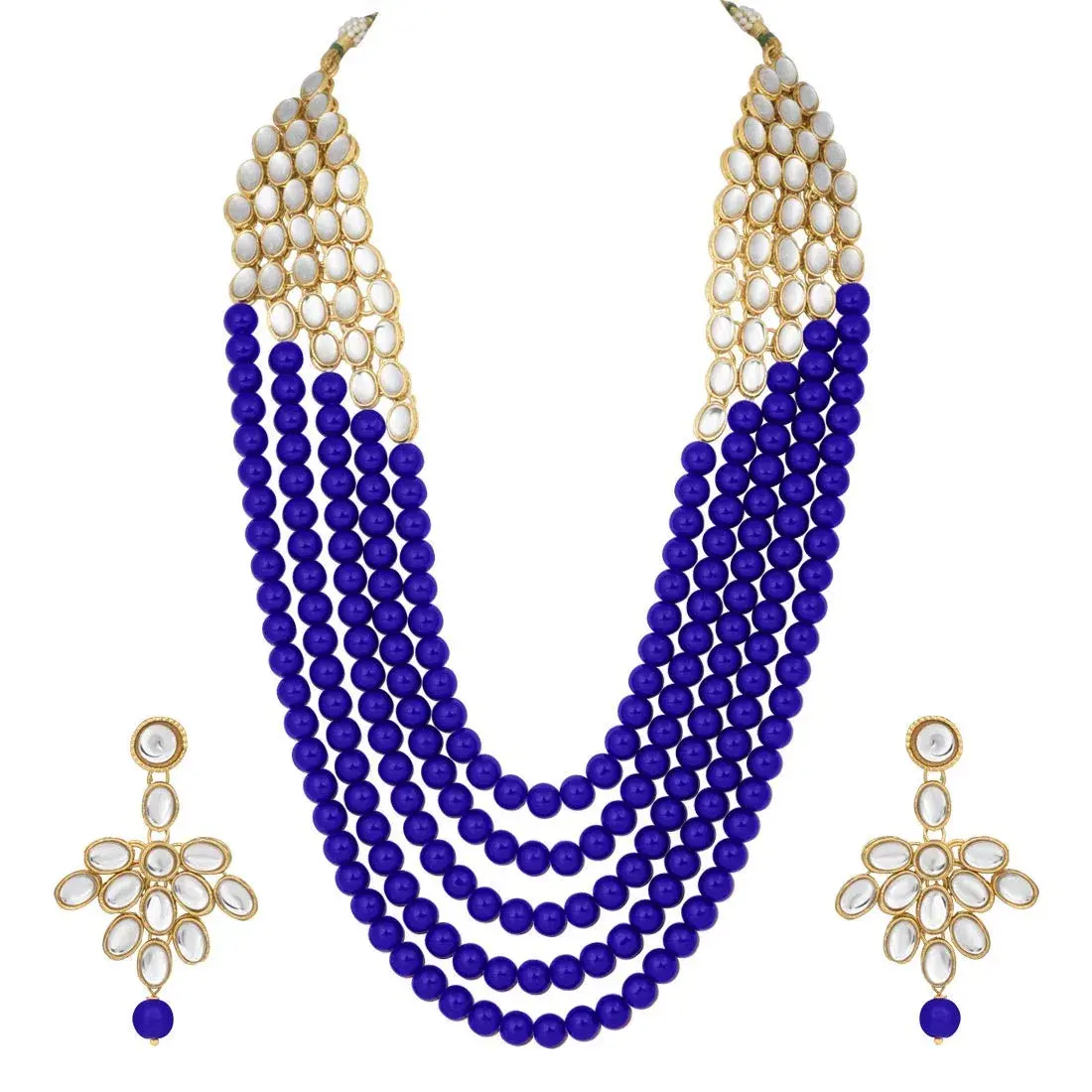 I Jewels White 5 Layer Faux Mother-of-Pearl and Kundan Jewelry Set with Earrings for Women (Blue) | Traditional Party Wear - main product image