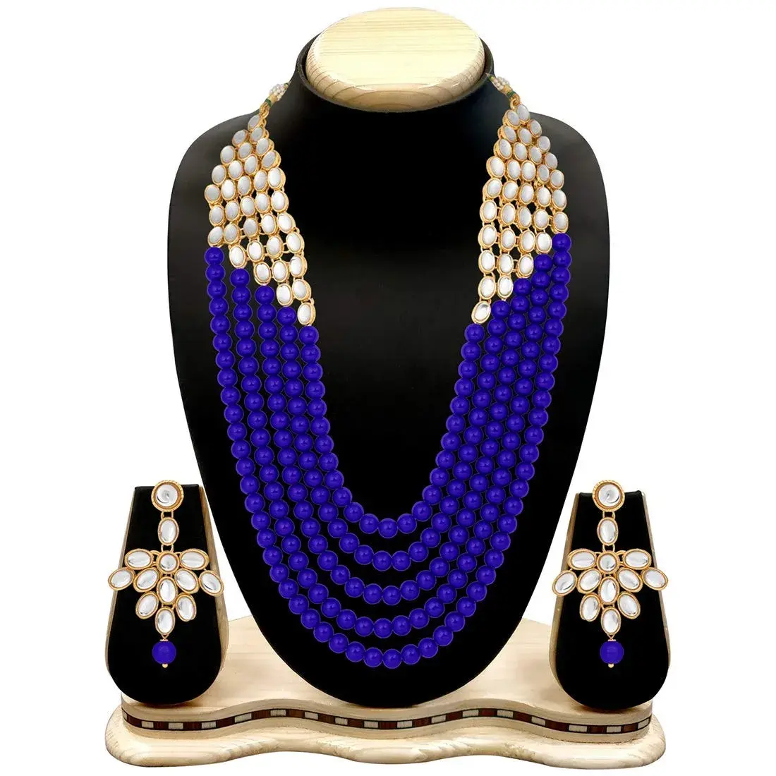 I Jewels White 5 Layer Faux Mother-of-Pearl and Kundan Jewelry Set with Earrings for Women (Blue) | Traditional Party Wear - view 3