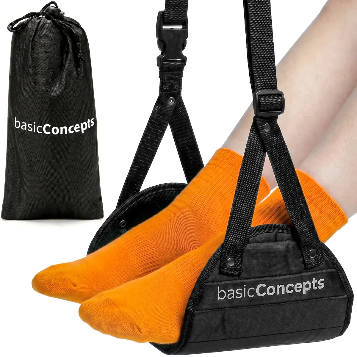 BASIC CONCEPTS Airplane Foot Hammock for Plane Travel Essentials - Black, 17-34 inch Adjustable Strap | Travel Comfortably - main product image
