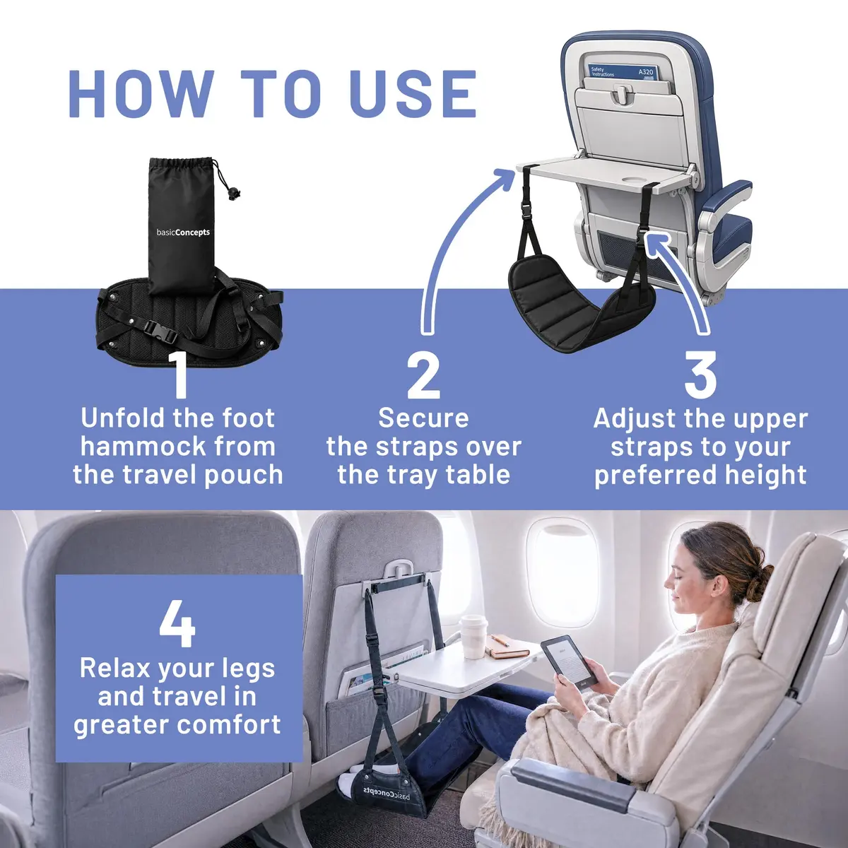 BASIC CONCEPTS Airplane Foot Hammock for Plane Travel Essentials - Black, 17-34 inch Adjustable Strap | Travel Comfortably - view 6