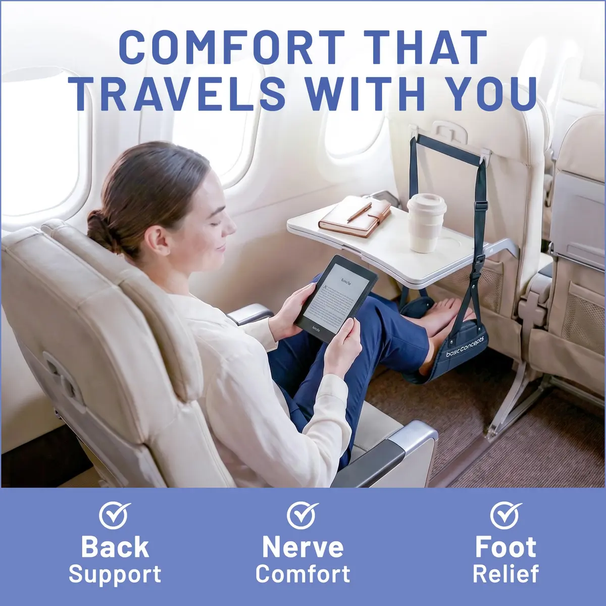 BASIC CONCEPTS Airplane Foot Hammock for Plane Travel Essentials - Black, 17-34 inch Adjustable Strap | Travel Comfortably - view 2